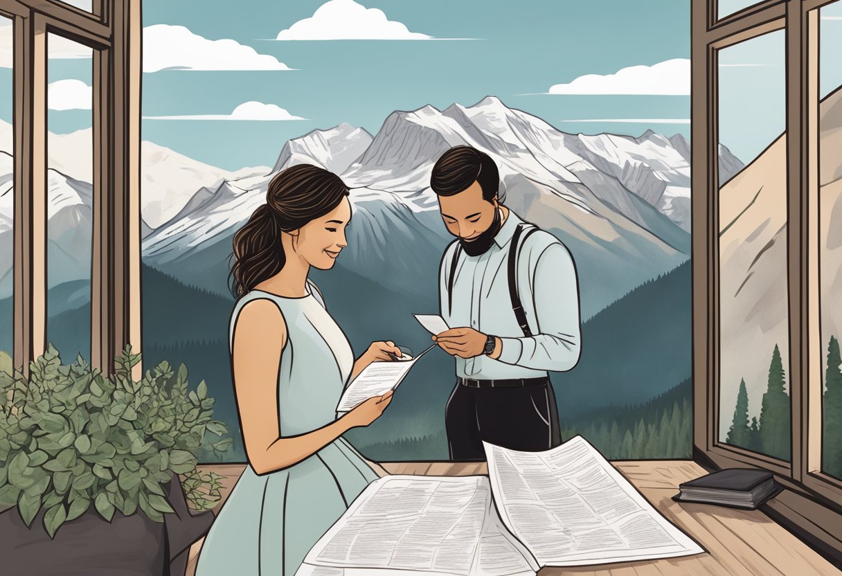 A couple browsing through a list of top 20 elopement vendors in Banff, Ontario, with a scenic mountain backdrop