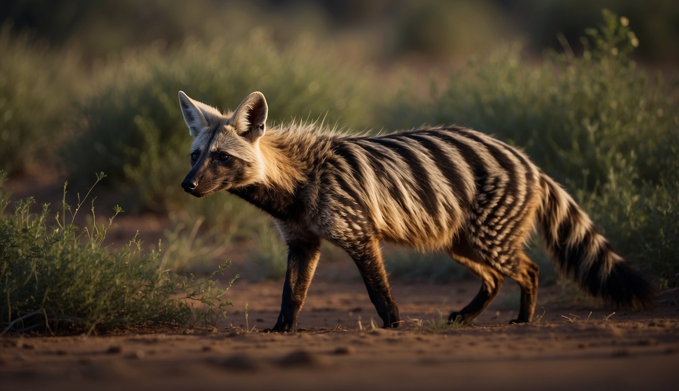Aardwolf hunts termites in moonlit African savannah, surrounded by diverse wildlife and lush vegetation
