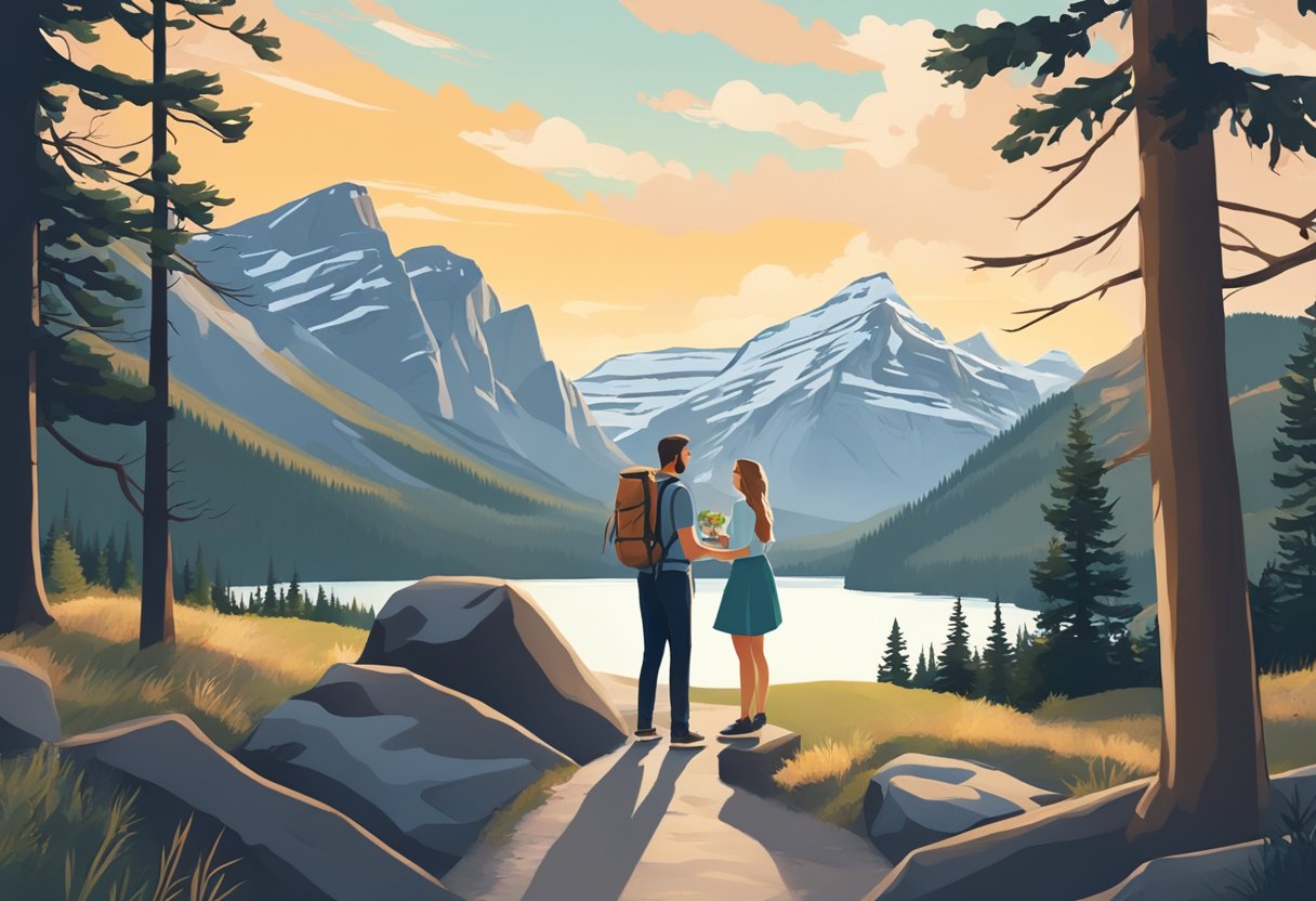 A couple hikes through Banff National Park, exchanging vows at a scenic lookout. They explore the area, taking in the breathtaking views and enjoying a romantic picnic