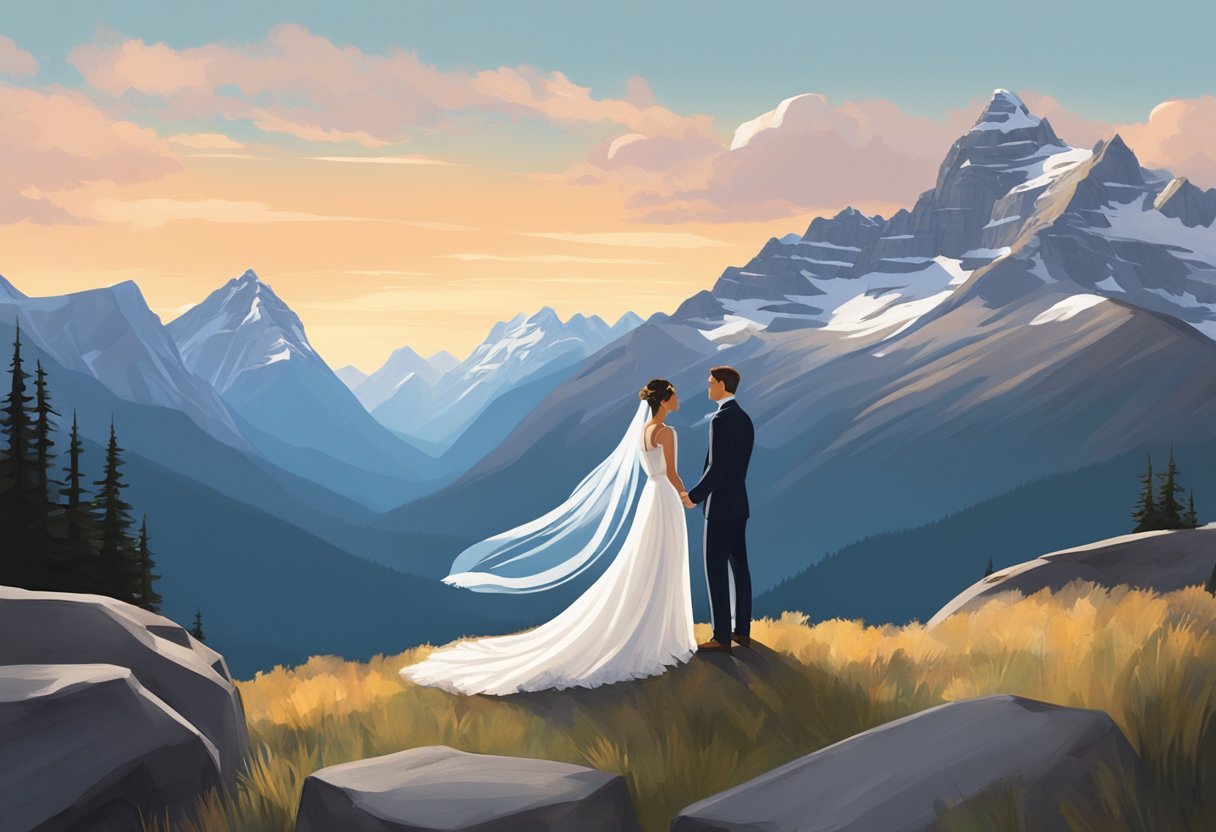 A couple stands on a mountain peak, exchanging vows. The bride wears a flowing white gown, while the groom is in a sharp suit. The breathtaking view of the Canadian Rockies serves as their backdrop