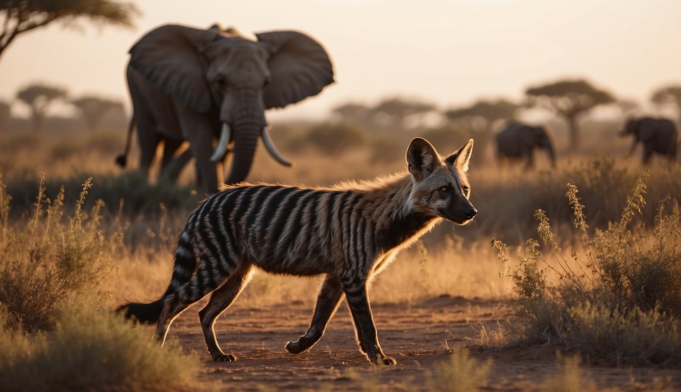 An aardwolf prowls the African savanna, surrounded by towering giraffes and majestic elephants.

The termite hunter moves stealthily, blending into the vibrant landscape
