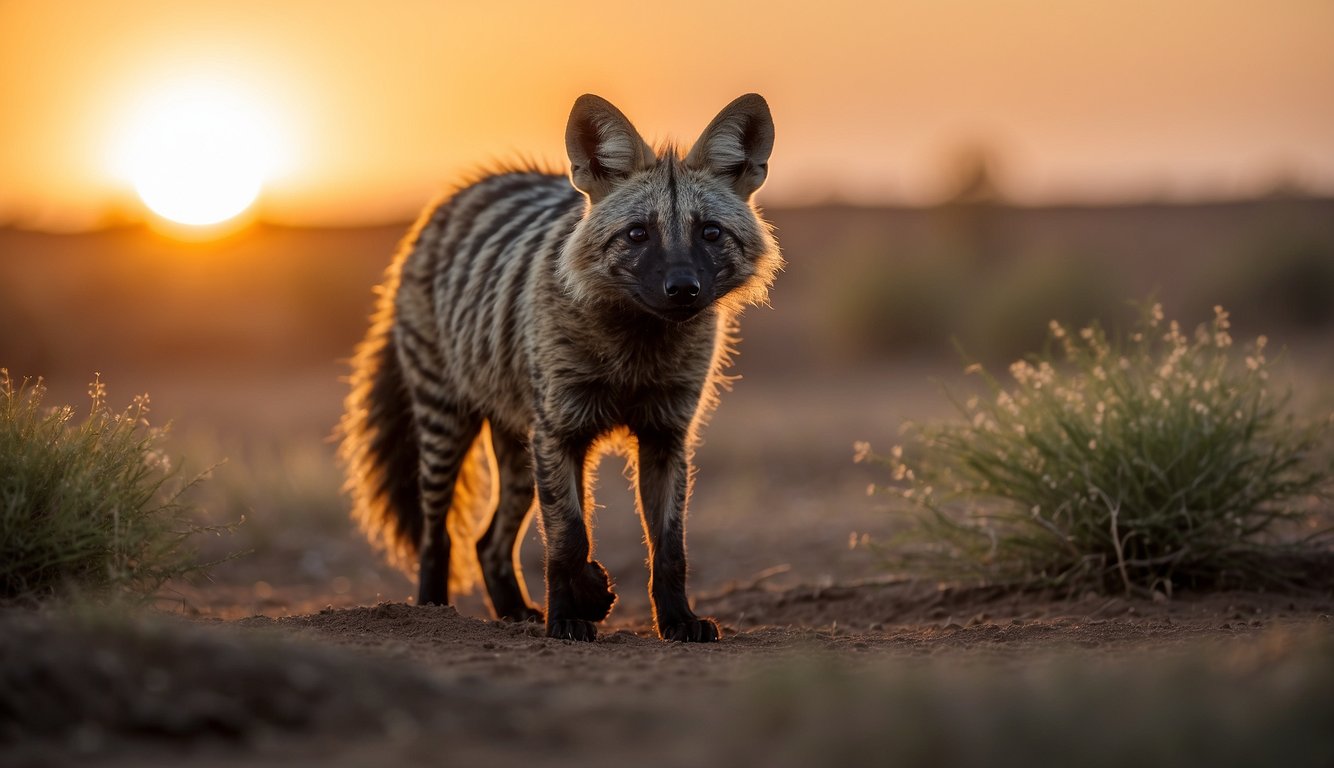An aardwolf prowls the African savanna, its keen eyes scanning for termite mounds.

The sun sets behind the horizon, casting a warm glow over the landscape. The aardwolf prepares to embark on its nightly hunt for termites
