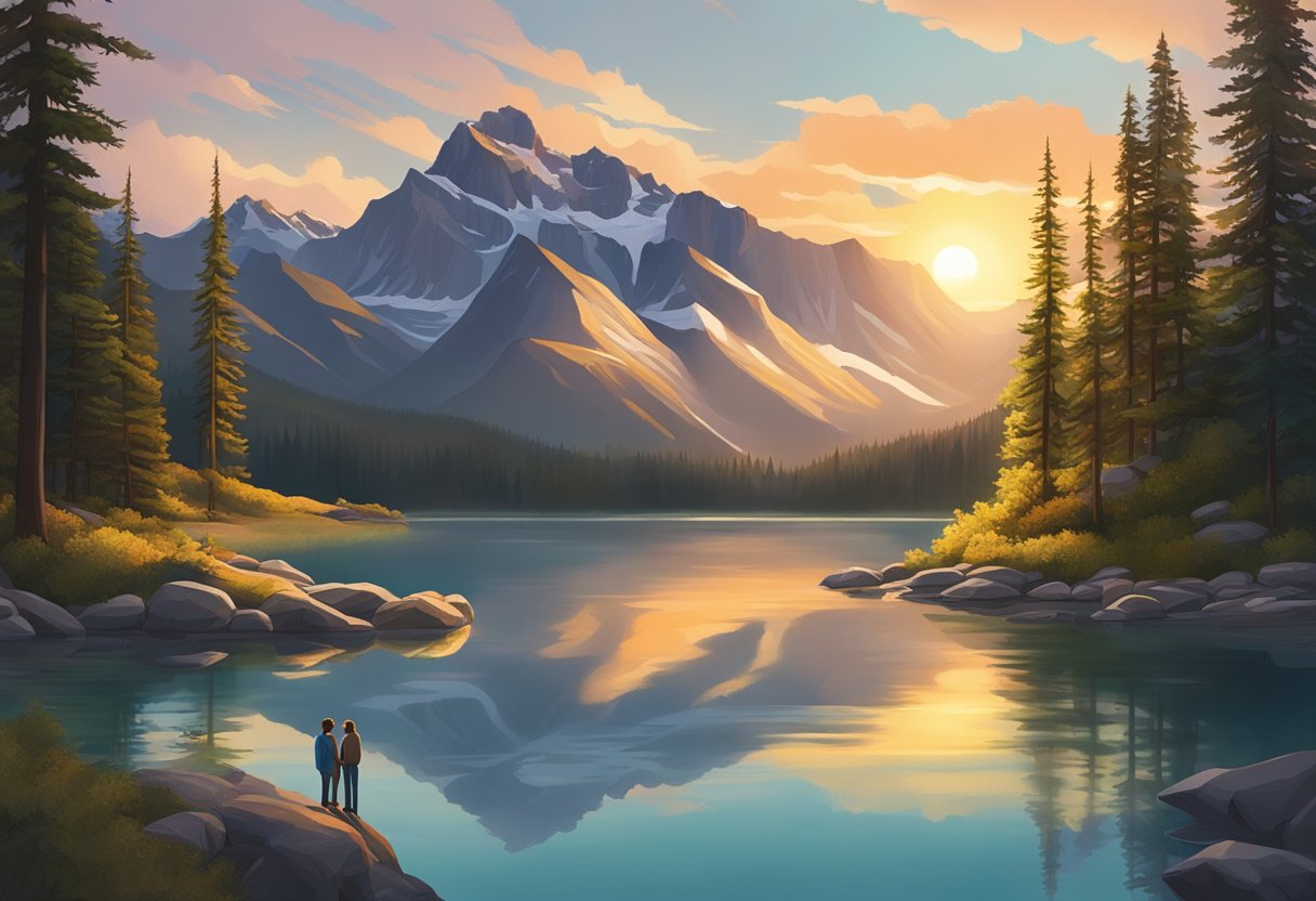 A couple stands at the edge of a serene lake in Banff National Park, surrounded by towering mountains and lush greenery. The sun sets behind them, casting a warm glow over the landscape