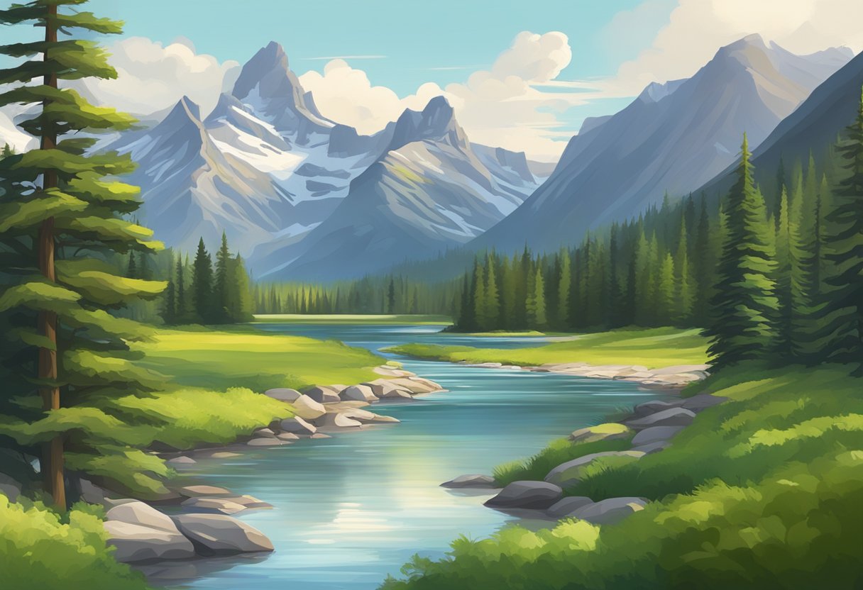 A serene mountain backdrop with a flowing river and lush greenery, set against the picturesque Banff landscape