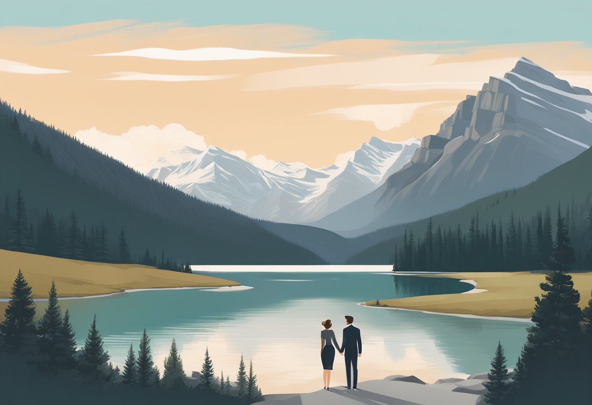 A couple explores the stunning landscape of Banff, Ontario after their elopement. They hike through the mountains, take in the picturesque views, and enjoy a romantic picnic by a serene lake