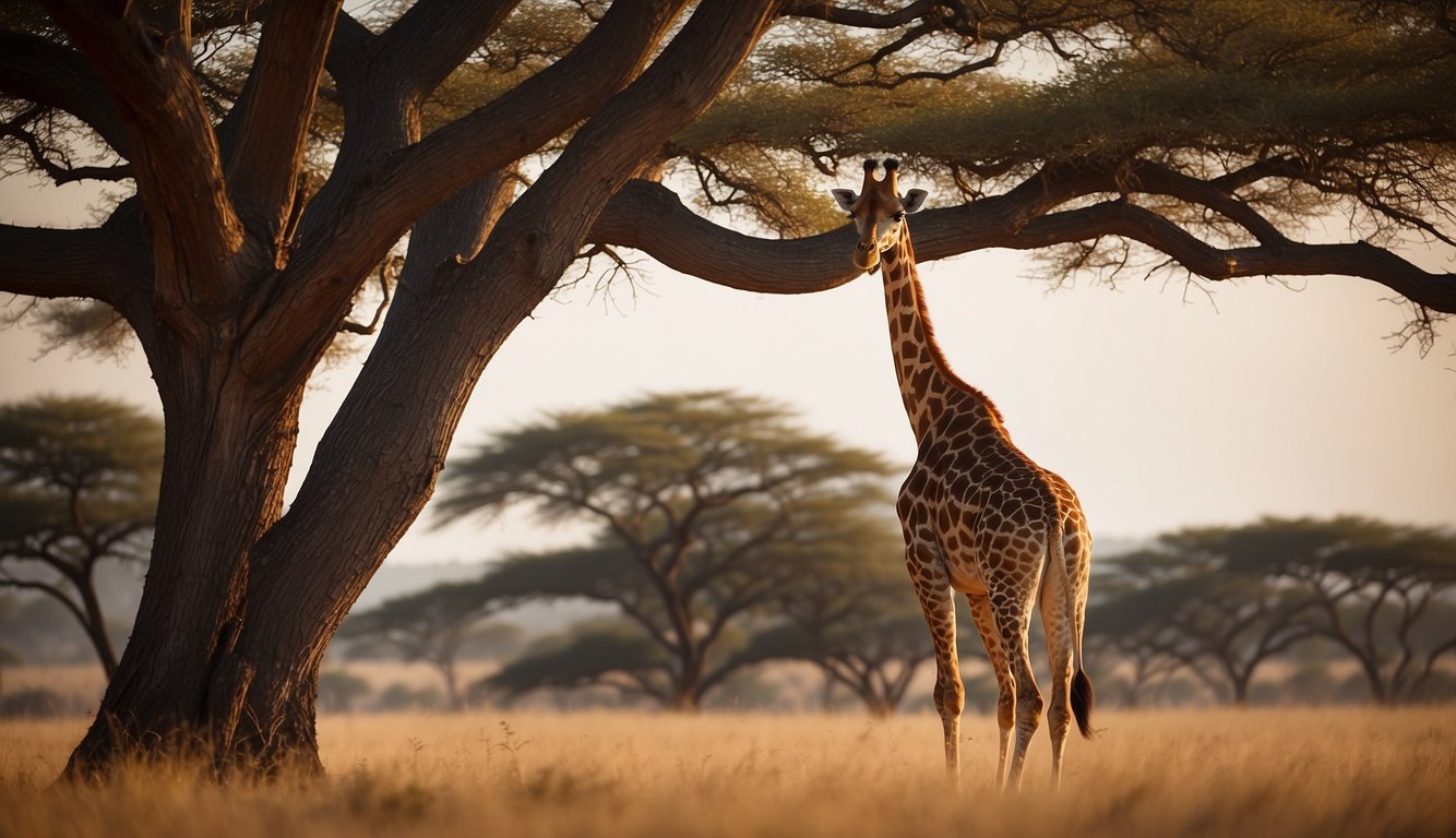 A majestic giraffe gracefully bends its long neck to reach for leaves on the tallest tree in the savanna, its gentle eyes gazing out over the vast landscape