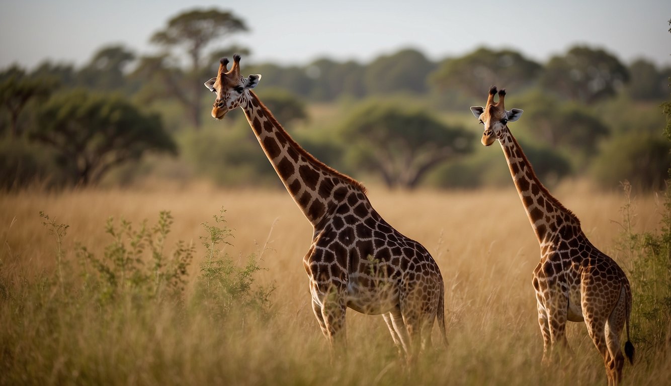 A giraffe gracefully navigates through the tall grass of the savanna, its long neck reaching for leaves on the trees, while keeping a watchful eye for any potential predators