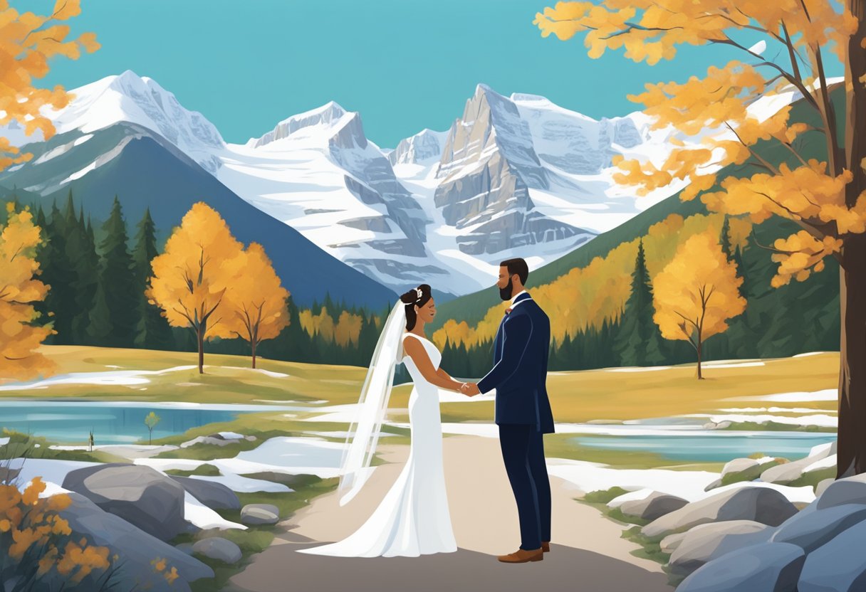 A couple stands before a Banff official, exchanging vows in a scenic outdoor setting. The official holds legal documents, while the couple holds hands and smiles. Snow-capped mountains loom in the background