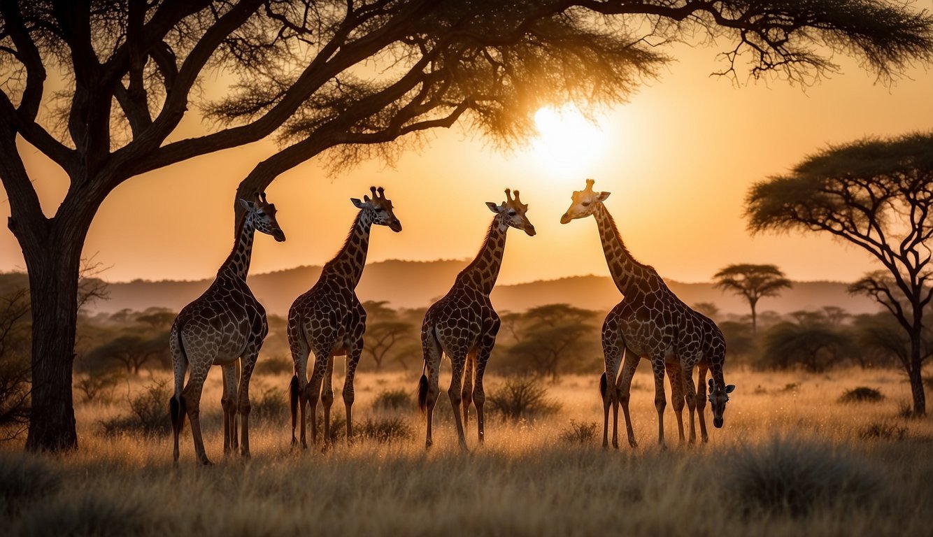 A group of giraffes peacefully grazing in the savanna, surrounded by acacia trees and other native vegetation.

The sun is setting, casting a warm glow over the landscape