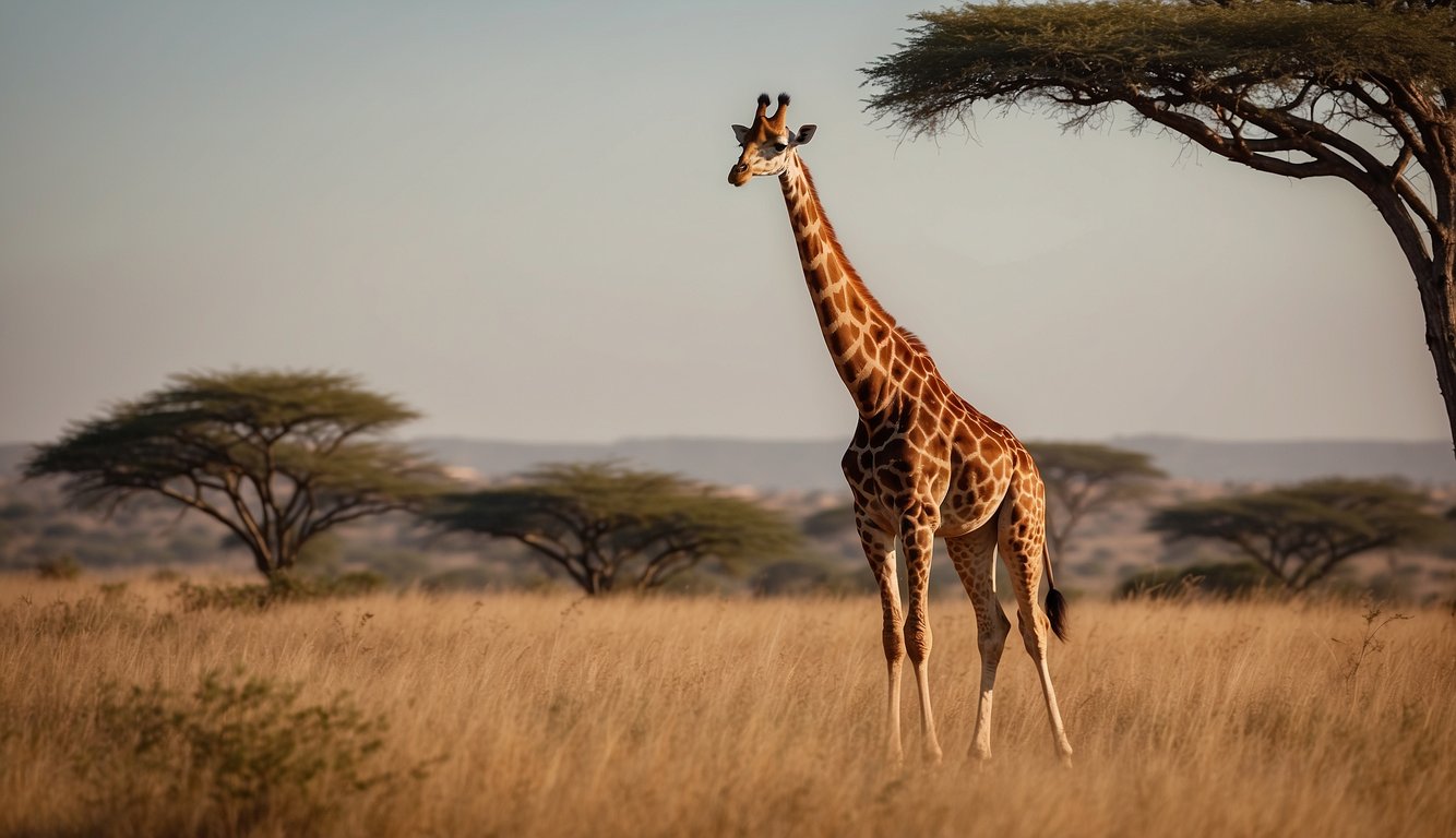 A gentle giraffe stands tall in the savanna, surrounded by other animals.

Its long neck reaches for the leaves on the trees as it looks out over the vast landscape
