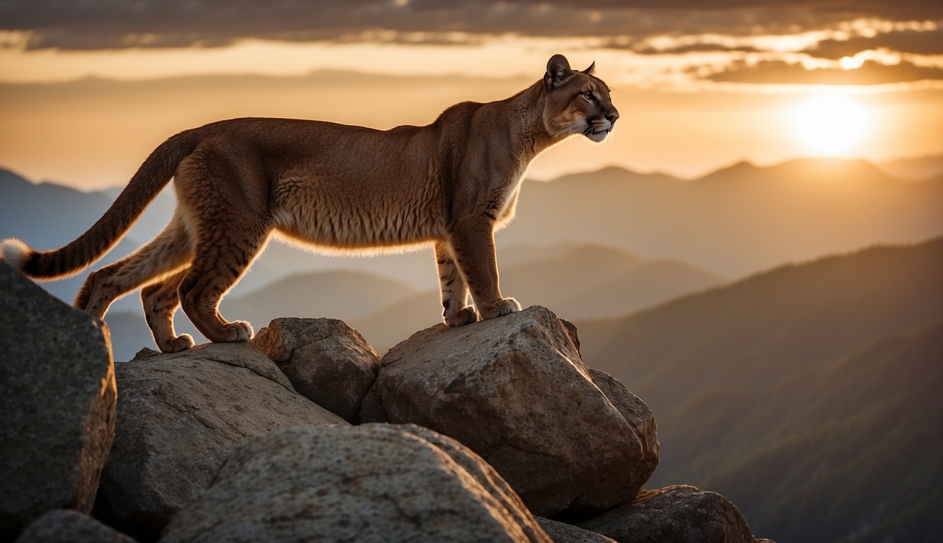 A majestic cougar stands atop a rocky outcrop, surveying the sprawling mountain landscape below.

The sun sets behind the peaks, casting a warm glow over the silent prowler