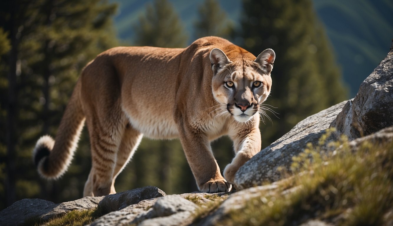 A majestic cougar silently prowls through the rugged mountain terrain, its powerful muscles rippling beneath its sleek coat as it scans the landscape with intense amber eyes