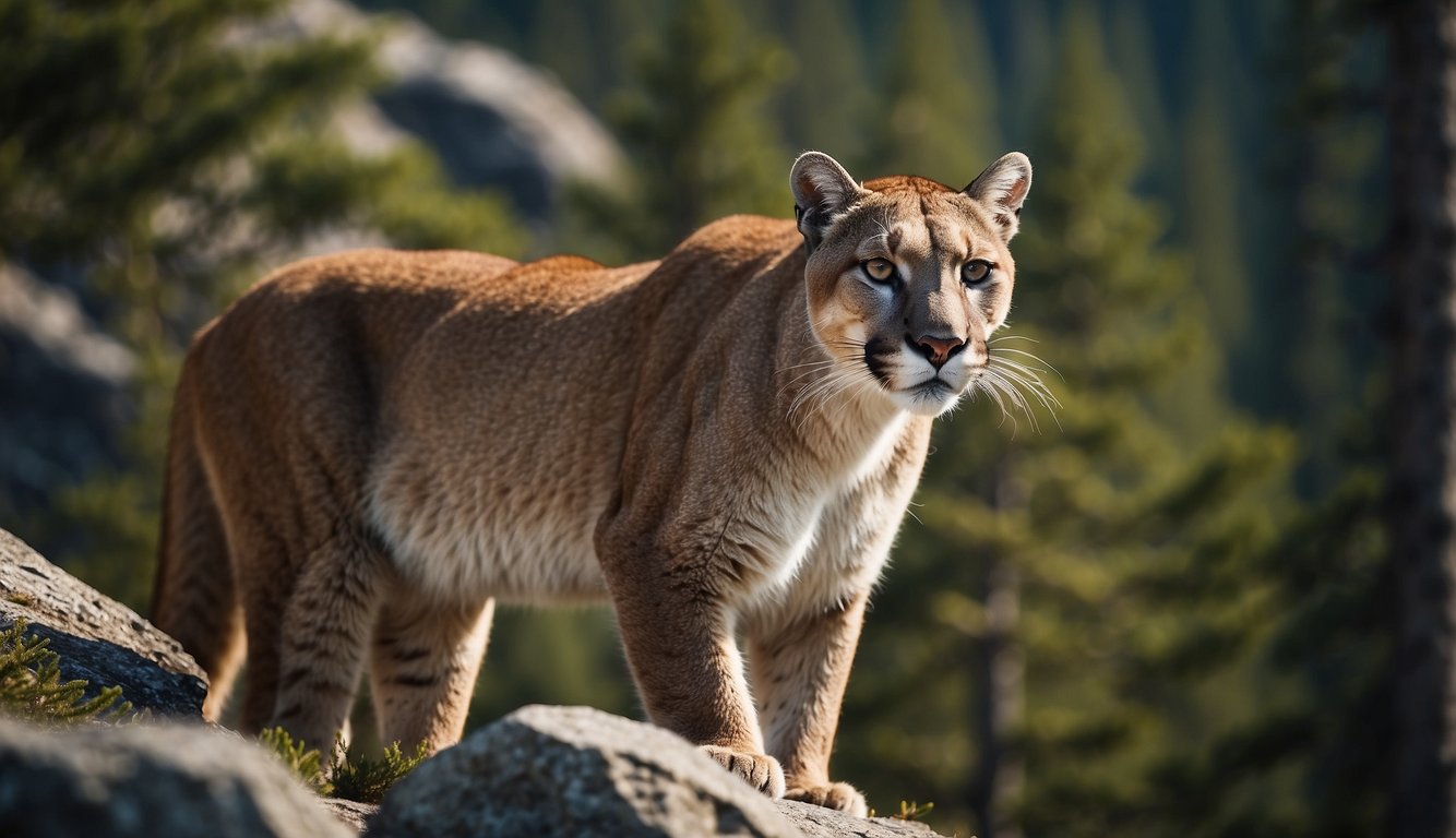 A cougar prowls through a mountainous landscape, surrounded by lush trees and rocky terrain.

The majestic feline exudes power and grace as it silently moves through its natural habitat