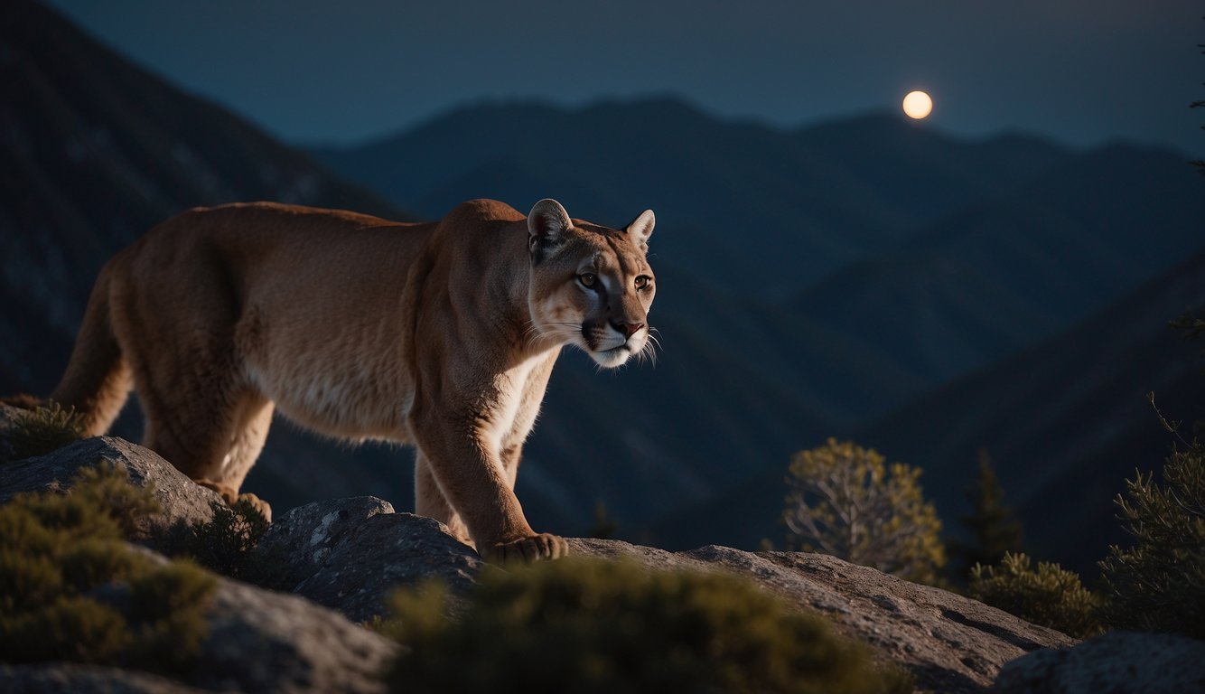 A majestic cougar silently prowls through the rugged mountain terrain, its keen eyes scanning the surroundings for prey.

The moonlight illuminates its sleek fur as it moves with grace and power