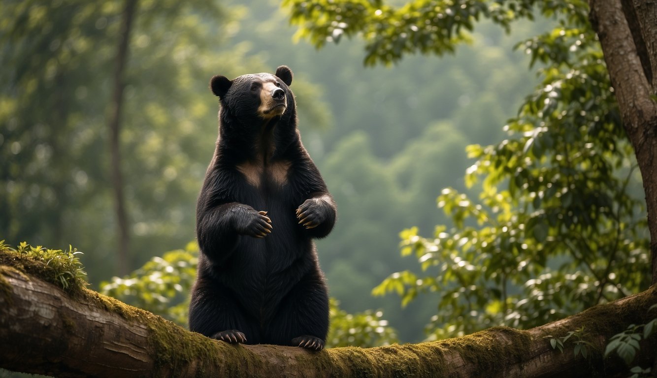 A moon bear stands on its hind legs, reaching into a beehive for honey amidst a lush Asian forest