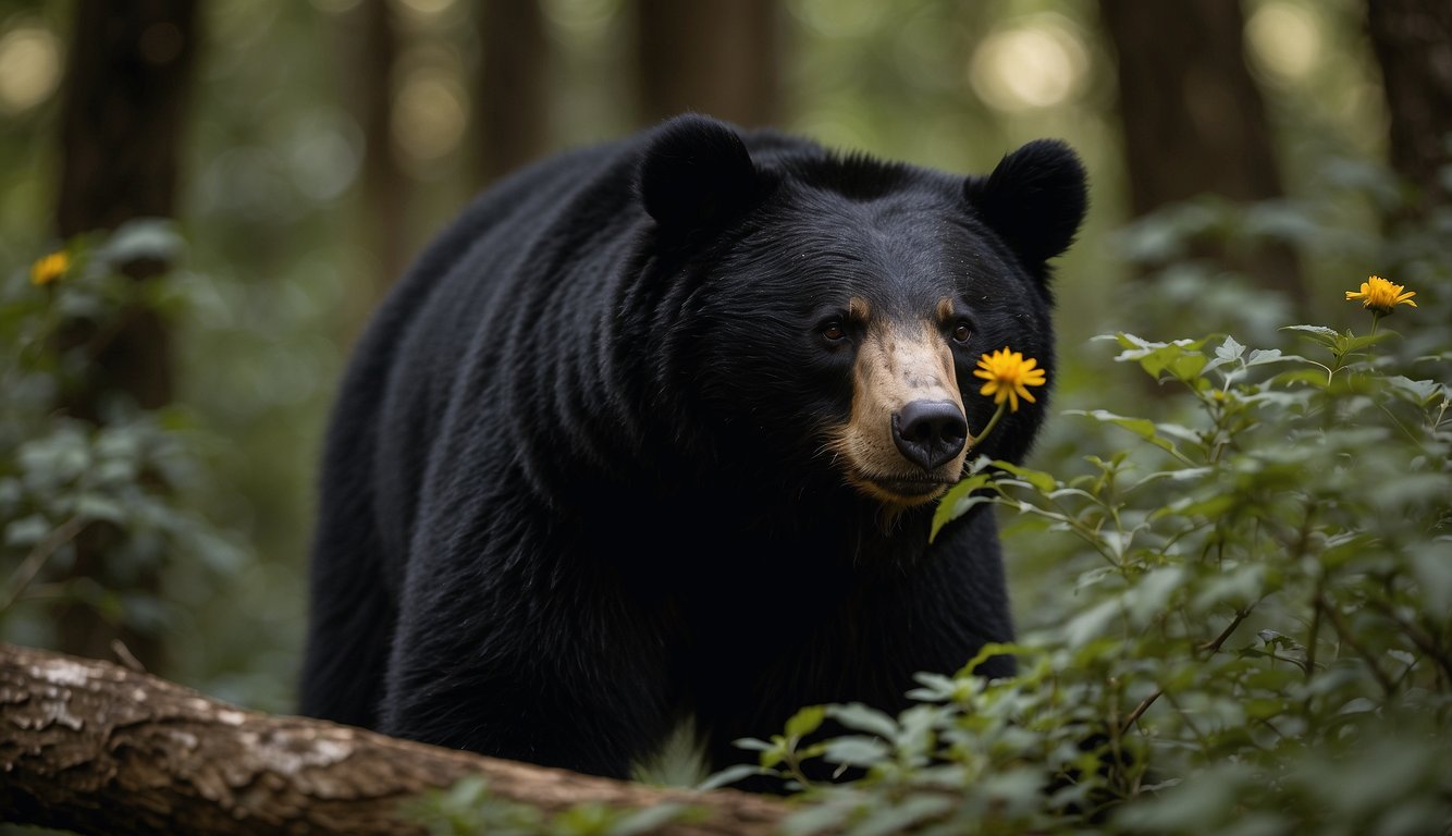 A moon bear forages for honey in a dense forest, its sleek black fur glistening in the dappled sunlight.

It cautiously sniffs the air, alert for any potential threats to its survival