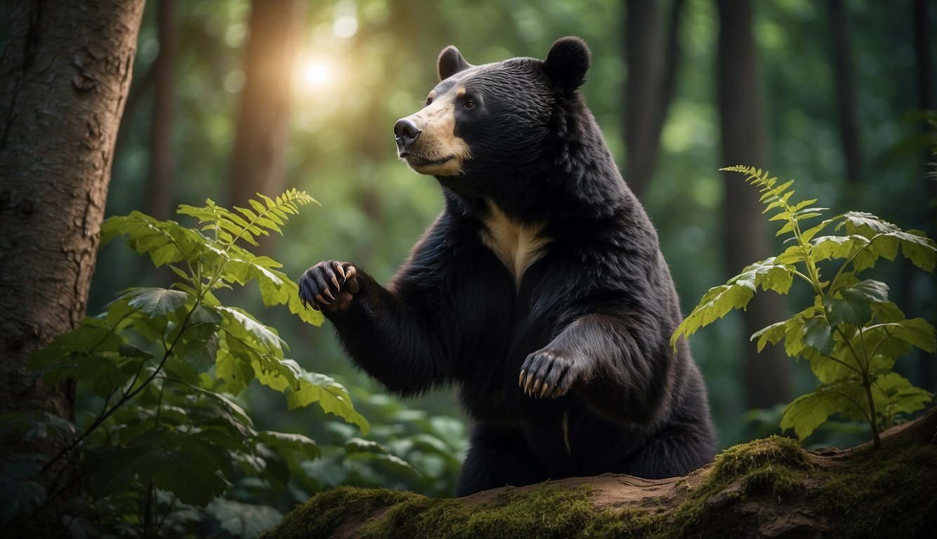 A moon bear stands on hind legs, reaching for a beehive in a lush forest setting.

The bear's fur shines in the moonlight, capturing its mysterious allure