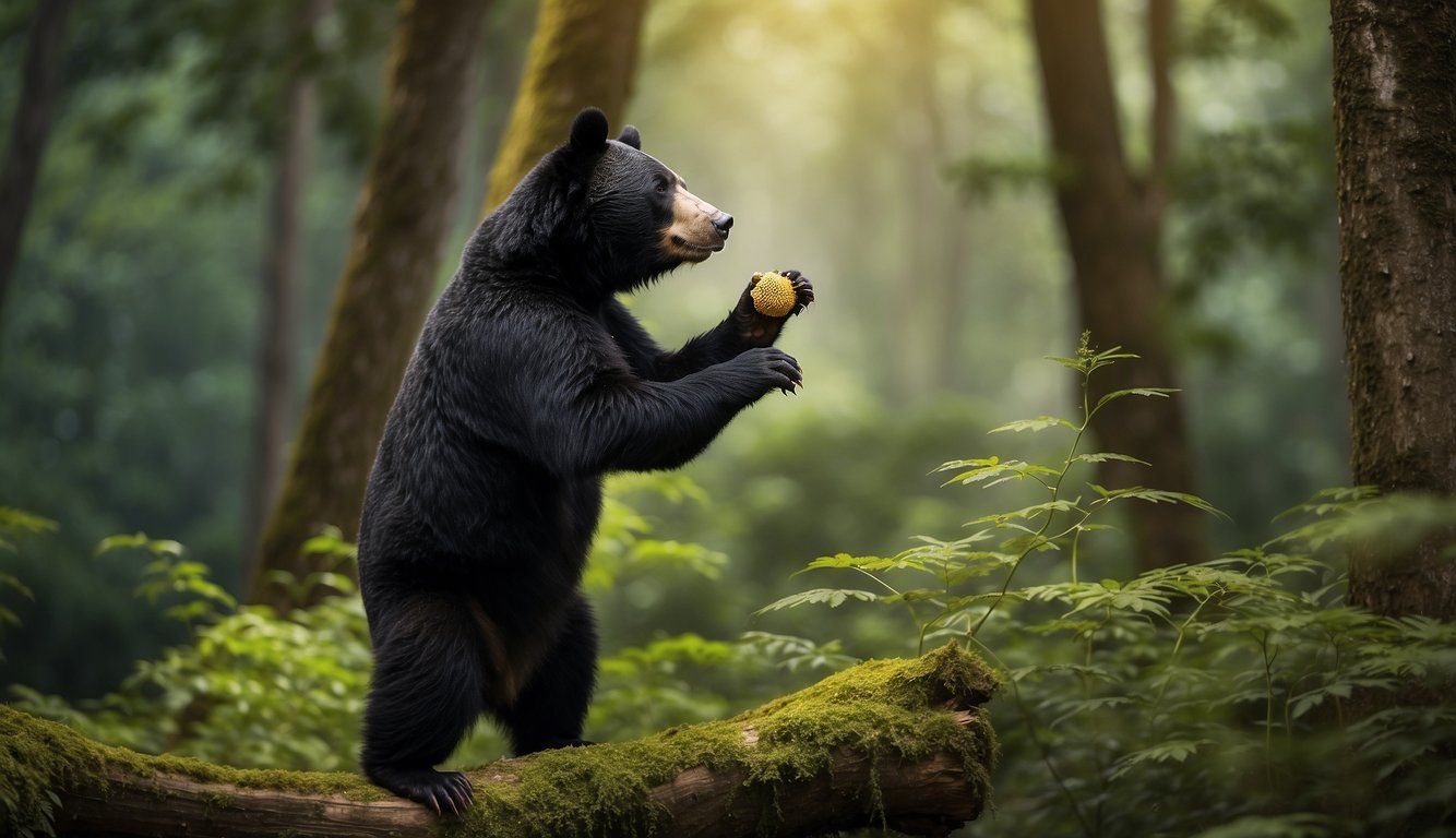 A moon bear stands on its hind legs, reaching for a beehive in a lush Asian forest.

The bear's distinctive white crescent chest mark is visible as it eagerly seeks out honey