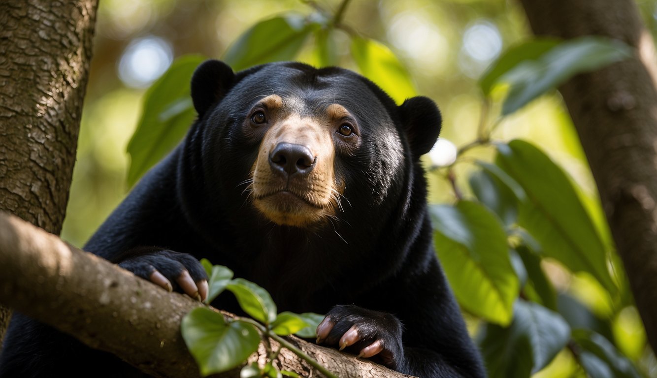 A sun bear basks in the warm, dappled sunlight filtering through the dense forest canopy, surrounded by towering trees and lush green foliage