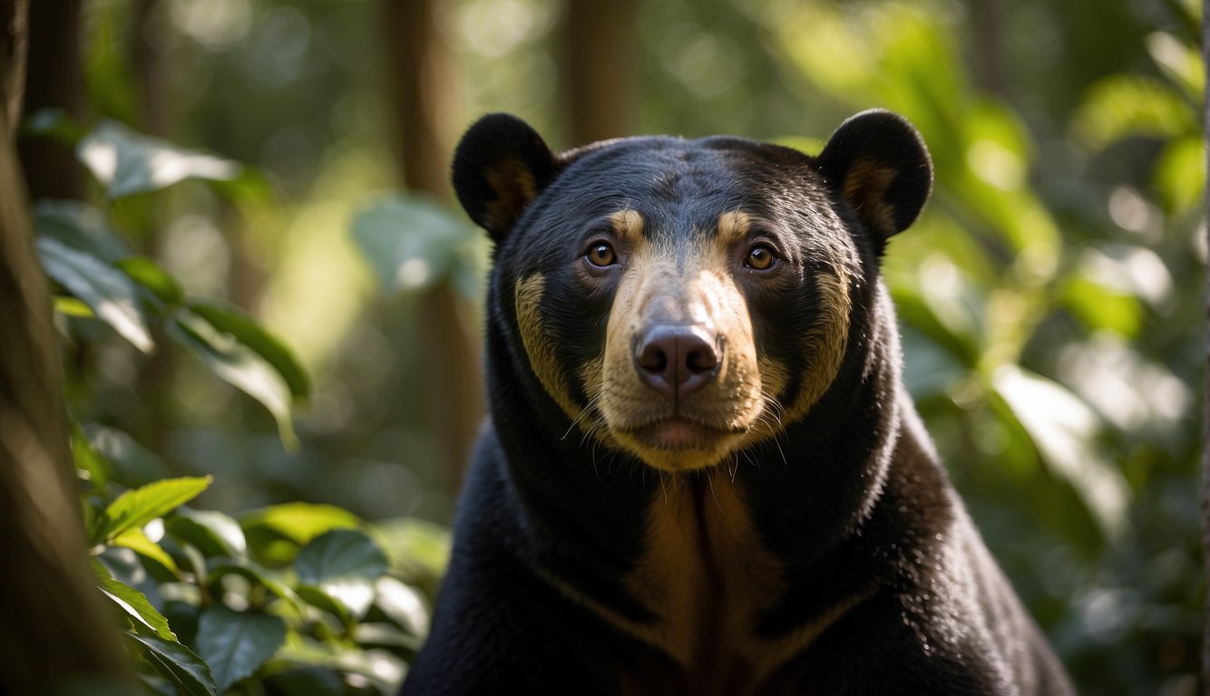A sun bear emerges from the dense forest, basking in the warm sunlight filtering through the trees, surrounded by lush greenery and vibrant flora