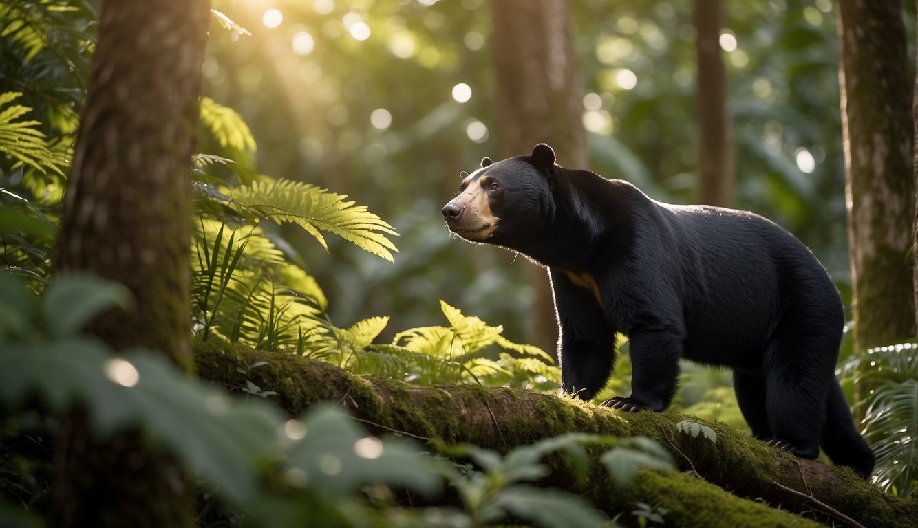 A sun bear stands in a lush forest, facing challenges and conservation efforts.

Sunlight filters through the trees, highlighting the bear's small but powerful presence
