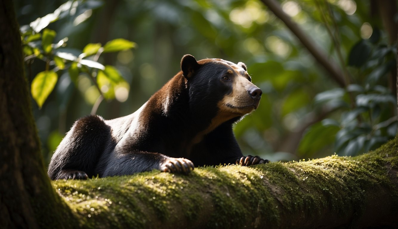 A sun bear basks in dappled sunlight, surrounded by towering trees in the lush forest.

Its small but powerful form exudes a sense of quiet strength and resilience