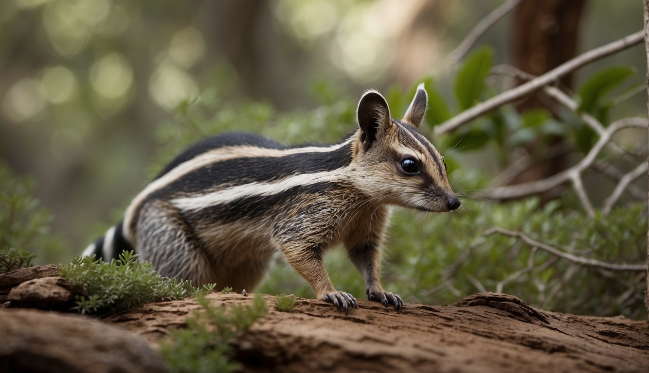 A nimble numbat scurries through the Australian bush, its sleek body darting among the trees and rocks.

Its long snout sniffs out termites, while its striped fur blends seamlessly with the surroundings