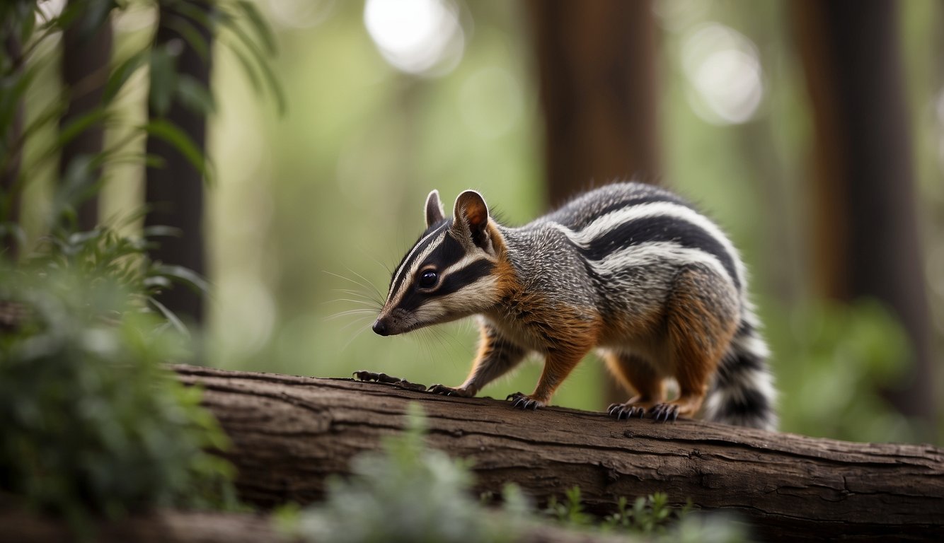 A Numbat scurries through a eucalyptus forest, its striped fur blending with the tree bark.

It uses its long tongue to probe for termites in the fallen logs