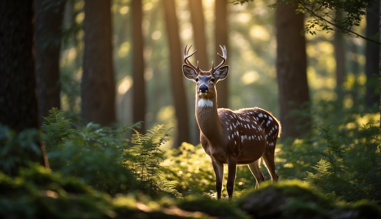 A serene sika deer stands gracefully amidst a lush forest, dappled sunlight filtering through the foliage, casting a warm glow on its elegant form