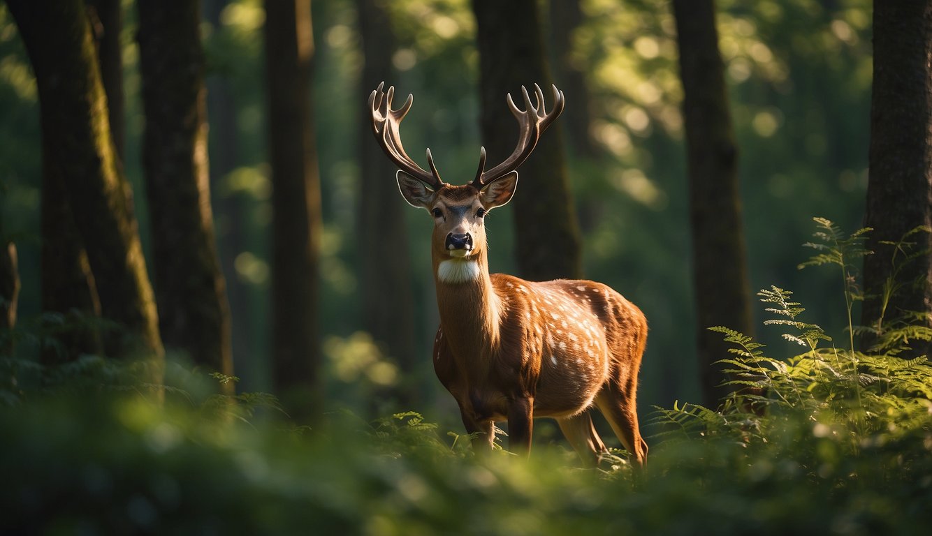 A serene sika deer stands among the lush greenery of the forest, its elegant form illuminated by dappled sunlight filtering through the trees