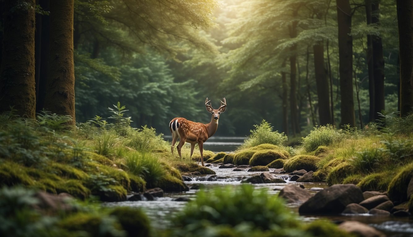 A tranquil forest scene with Sika deer grazing peacefully among tall trees and lush vegetation, with a gentle stream flowing in the background