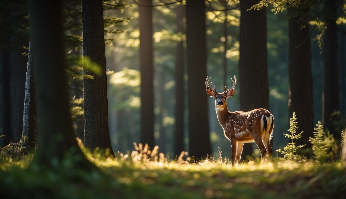A serene Sika deer stands gracefully in a peaceful forest clearing, surrounded by tall trees and dappled sunlight filtering through the leaves