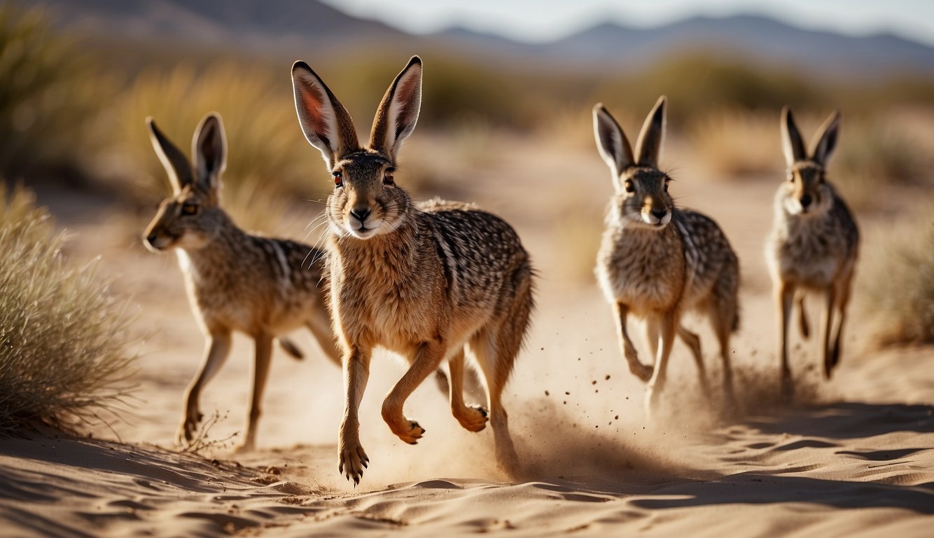 A group of desert animals, including a jackrabbit, a coyote, and a roadrunner, sprint across the sandy dunes under the bright sun, creating a sense of speed and freedom