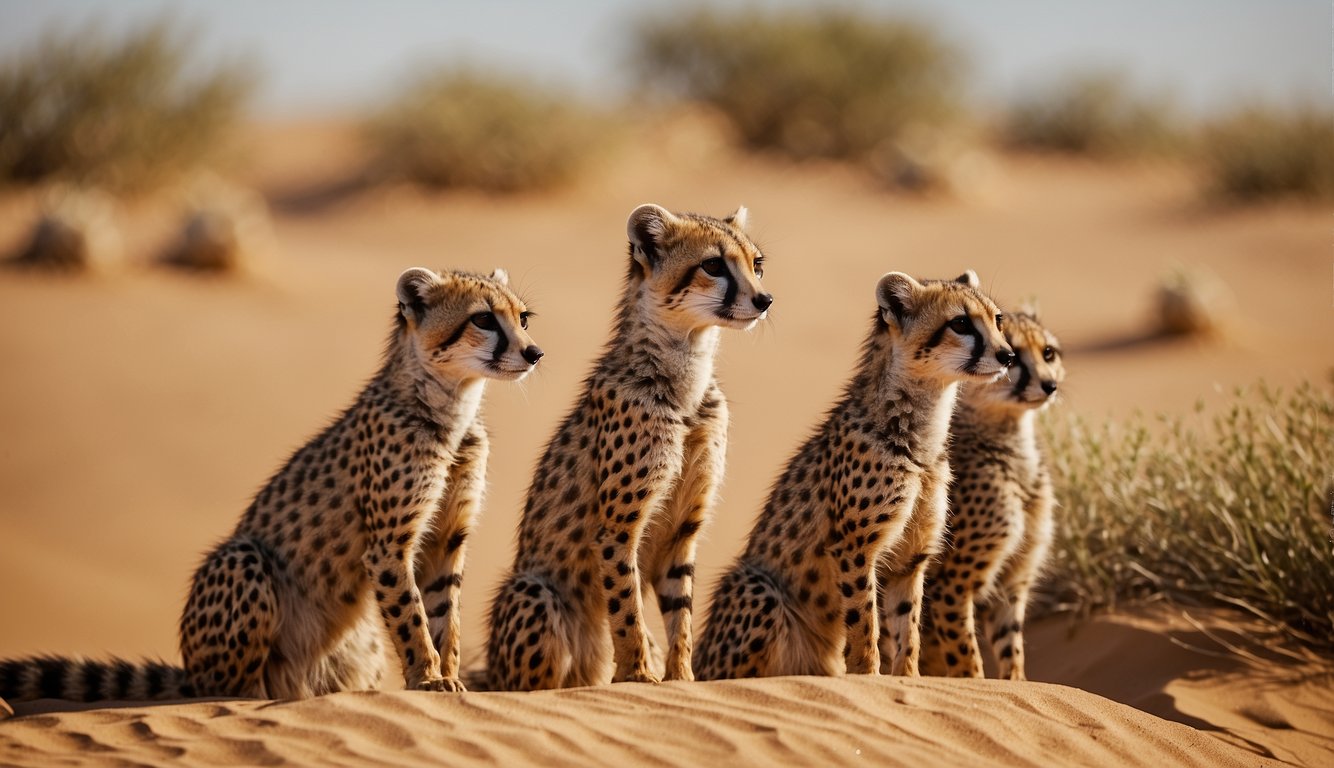 A group of desert animals, including cheetahs, meerkats, and jackals, playfully interact in the golden sand under the warm African sun