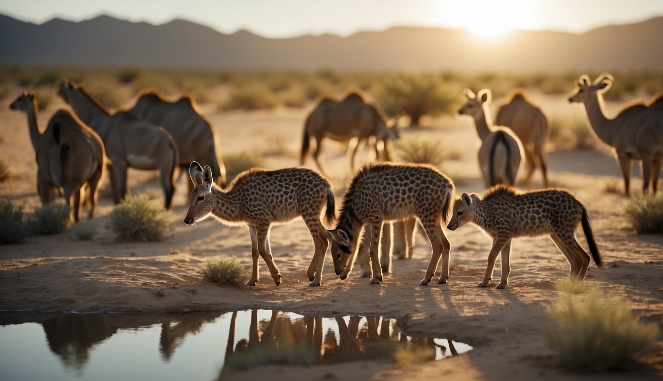 A group of lively desert animals gather around a watering hole, sharing playful interactions and forming a close-knit community