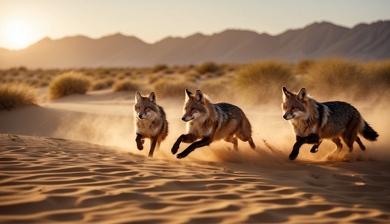 A group of desert animals dash across the sandy dunes, their fur glinting in the golden sunlight.

The air is filled with the sound of their swift movement, creating a sense of excitement and wonder