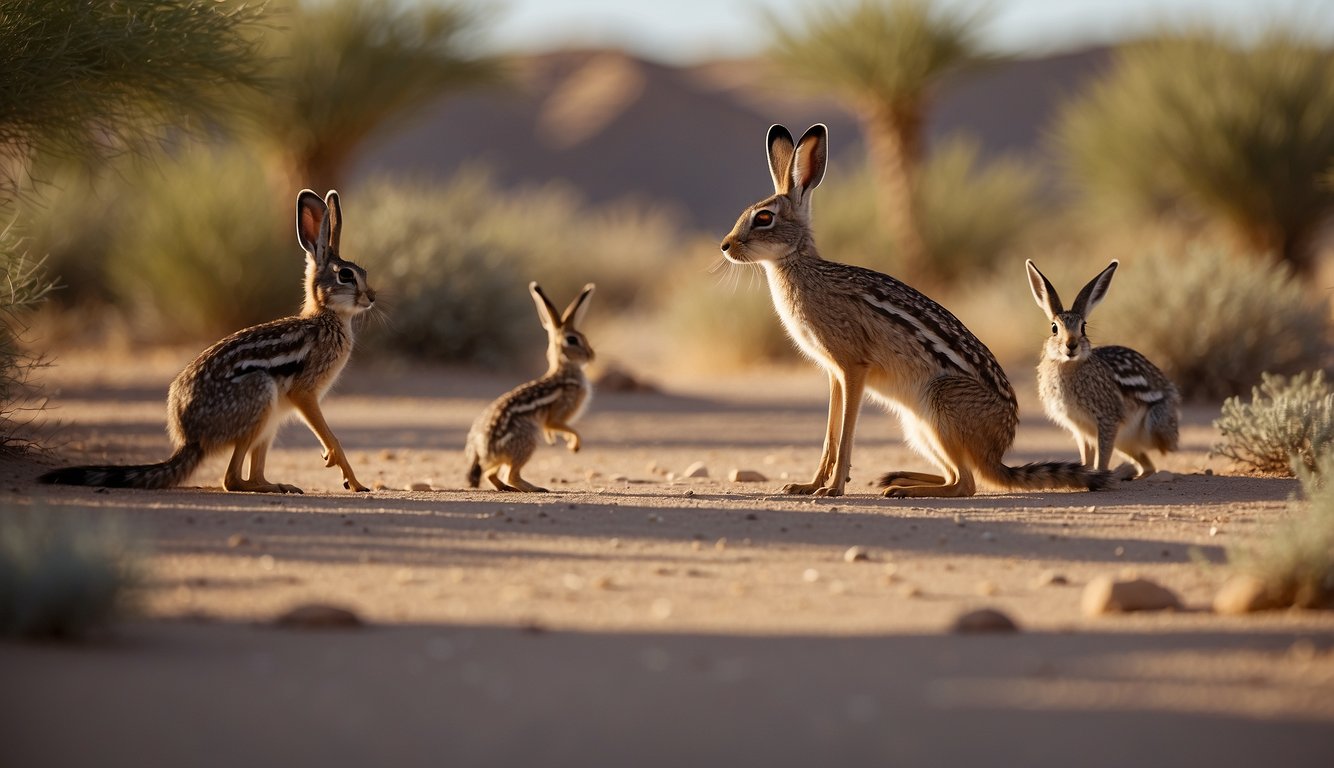 A group of desert animals, including jackrabbits, coyotes, and roadrunners, gather around a magical oasis, exchanging playful glances and energetic movements