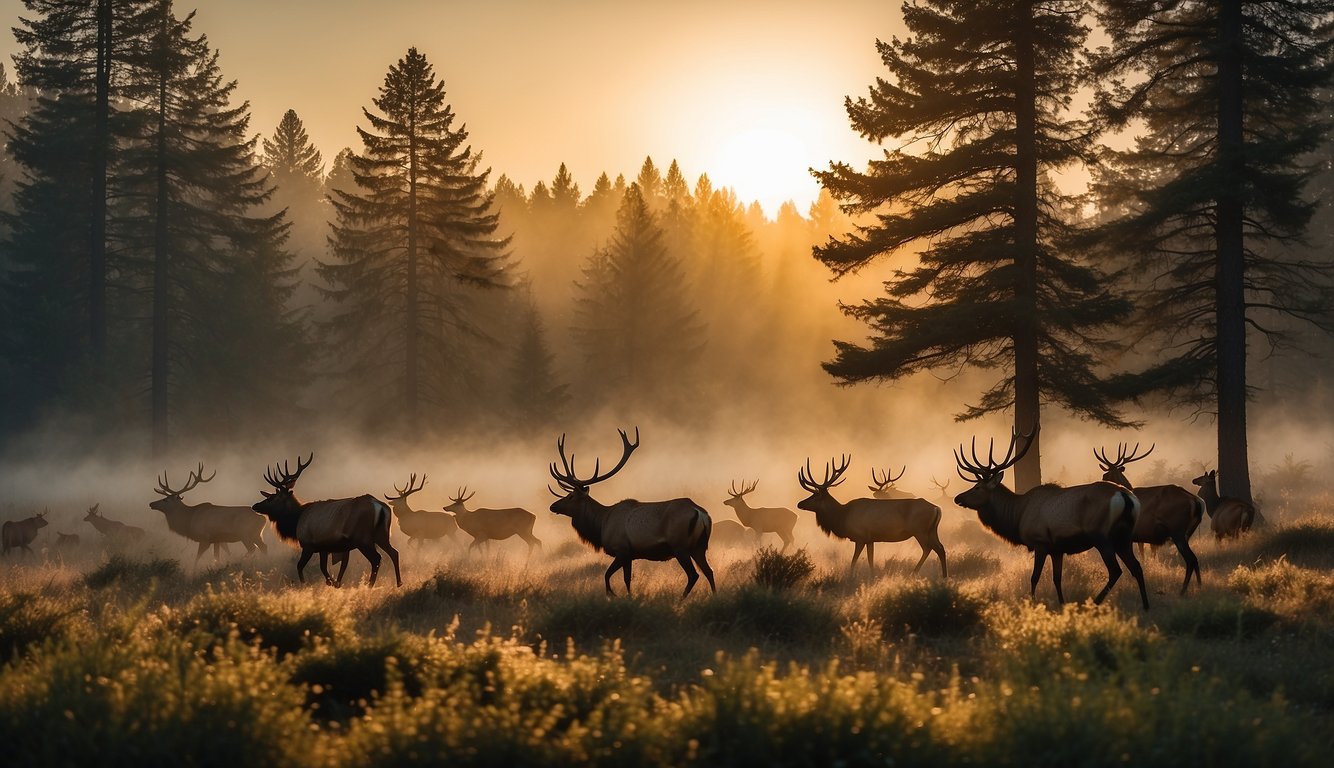 A herd of elk roam through a misty forest, their graceful forms silhouetted against the golden light of the setting sun.

The ancient trees and lush foliage create a magical backdrop for these majestic creatures