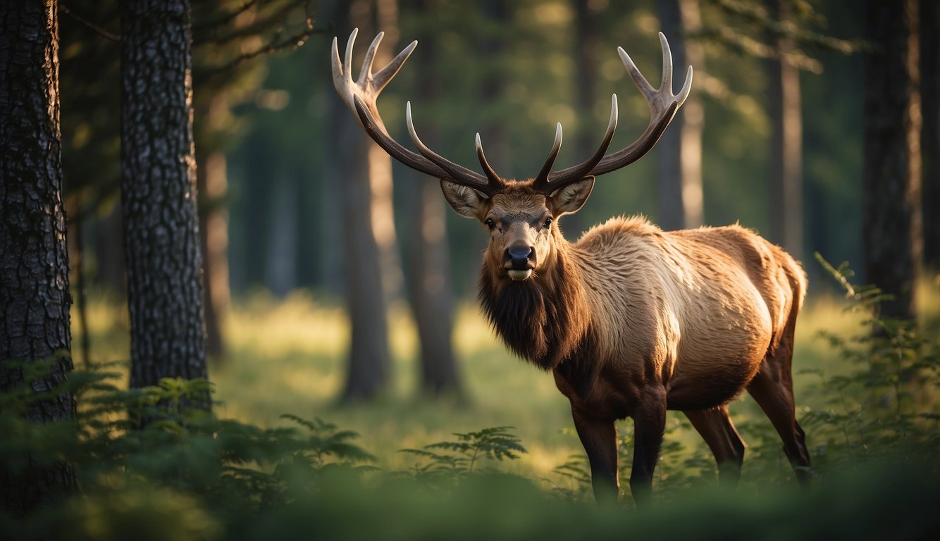 The elk roam freely through the dense forest, their powerful bodies moving gracefully among the towering trees and lush undergrowth.

The sunlight filters through the leaves, casting a warm glow on the majestic creatures as they navigate their natural habitat