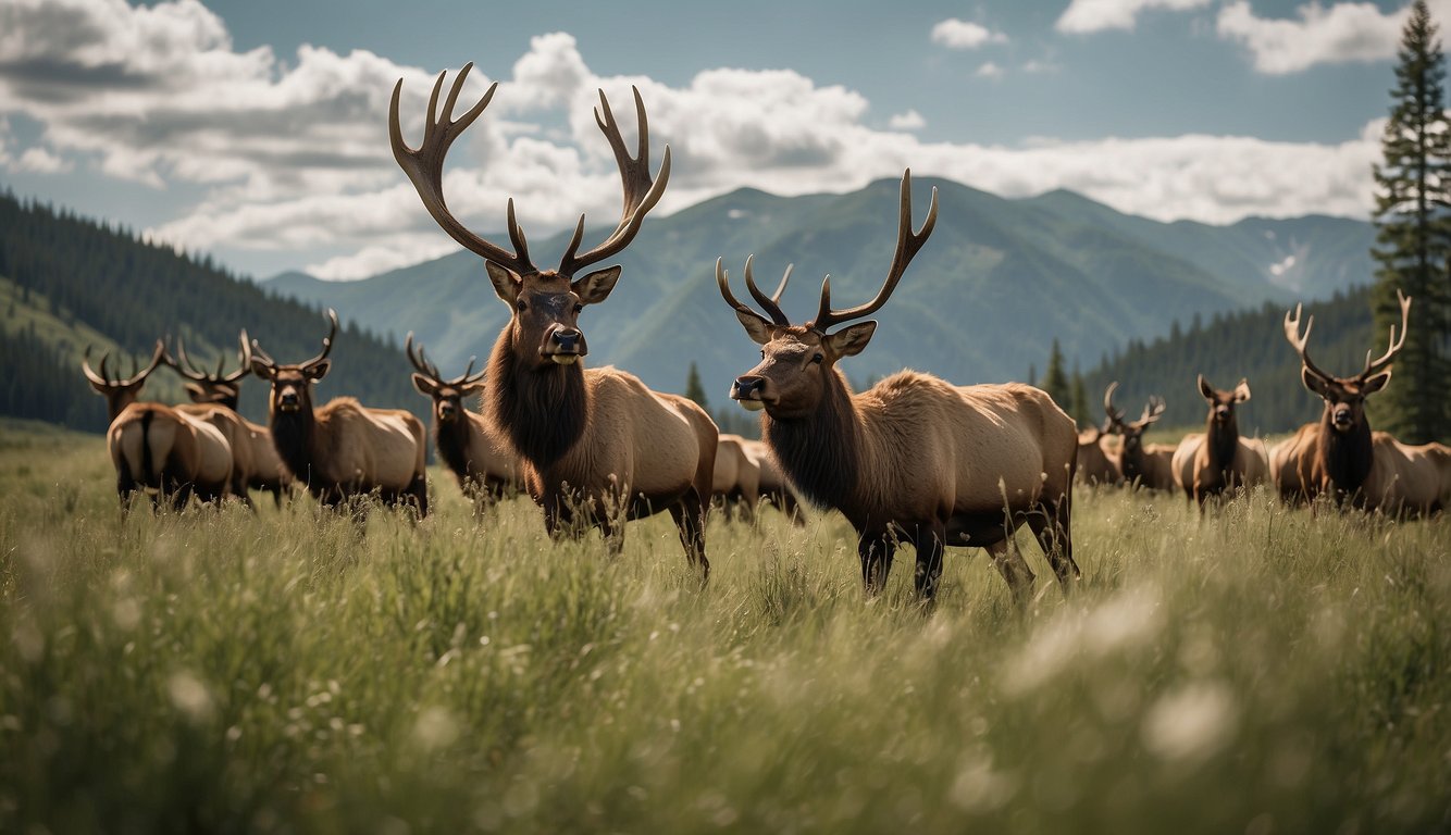 A herd of elk grazes peacefully in a lush meadow, their majestic antlers reaching towards the sky as they move gracefully through the tall grass