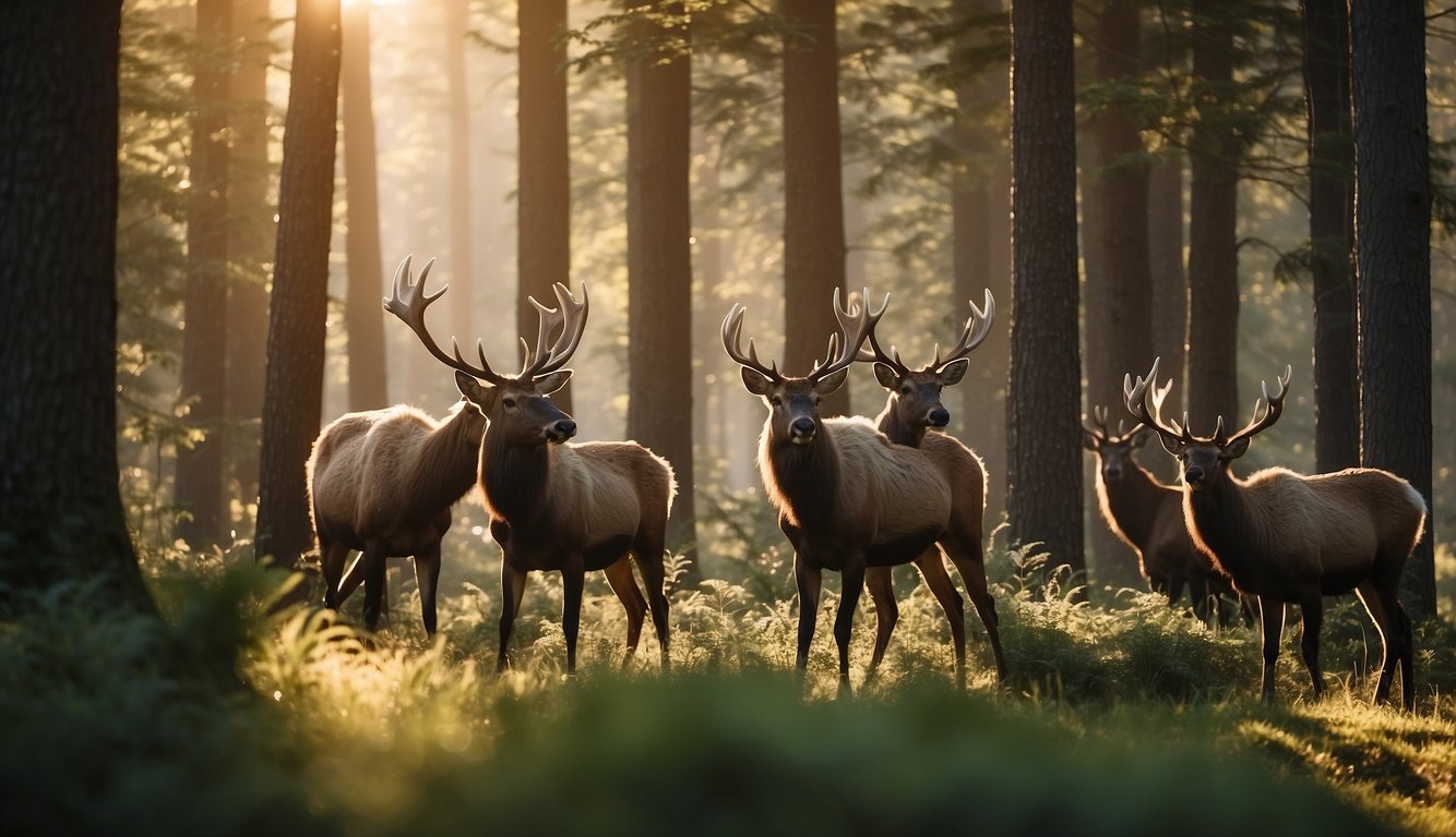 A herd of enchanting elks roam through a serene forest, their majestic antlers towering above the lush greenery.

Sunlight filters through the trees, casting a warm glow on the peaceful scene
