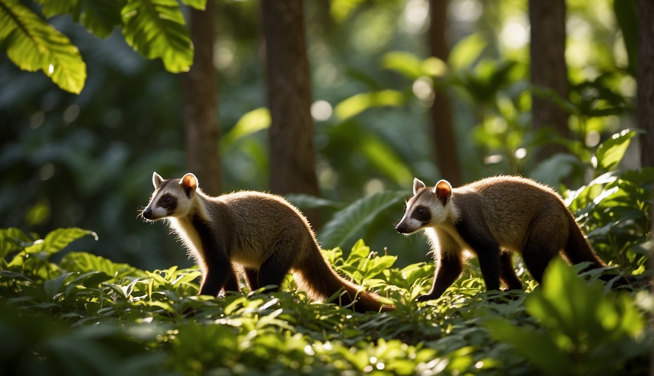 A group of ring-tailed coatis forage through a lush, tropical forest, their striped tails standing out against the vibrant green foliage.

The sun filters through the canopy, casting dappled light on the forest floor