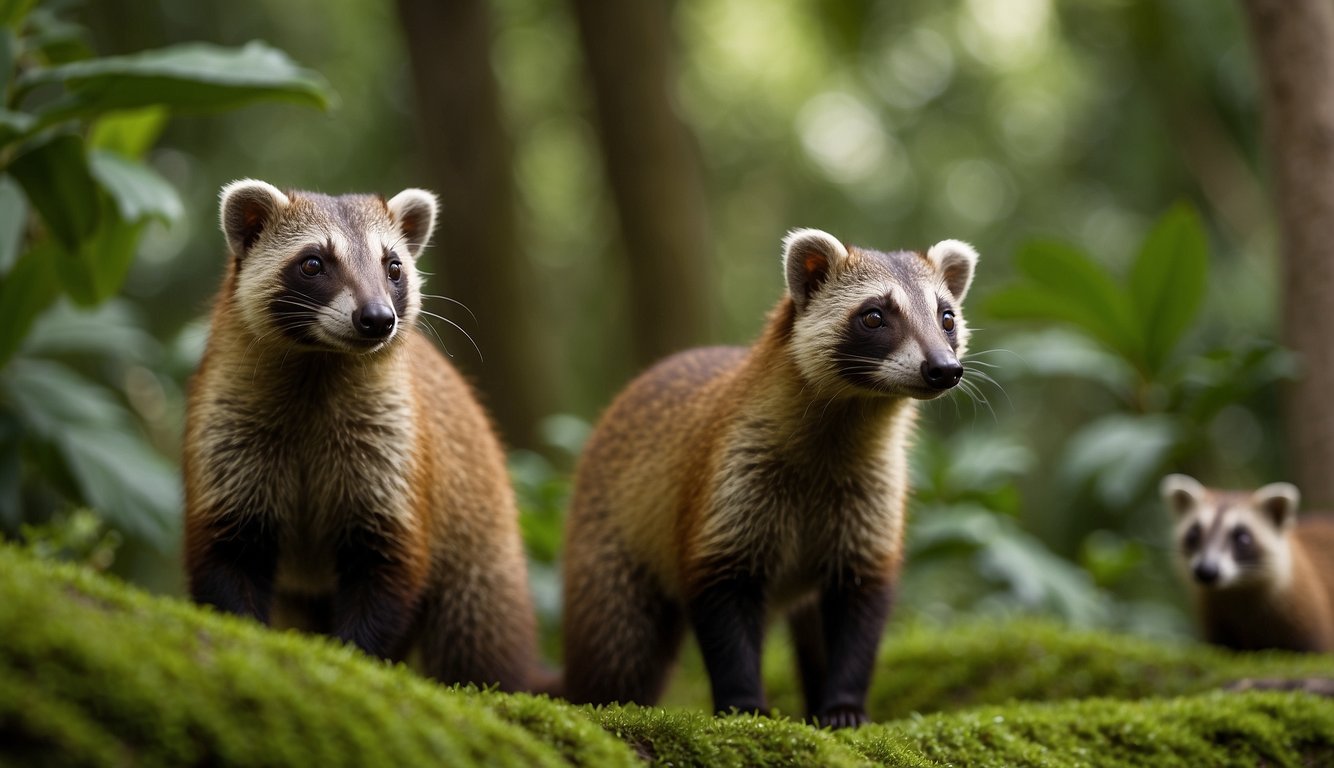 A group of coatis forage for food in the lush, tropical forest, their ringed tails standing out against the green foliage.

They move with agility and curiosity, exploring their surroundings with keen interest