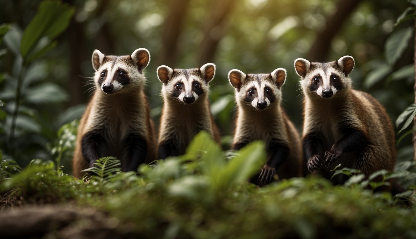 A group of ring-tailed coatis gather in a lush jungle, their curious eyes focused on a map spread out on the forest floor as they plan their next adventure