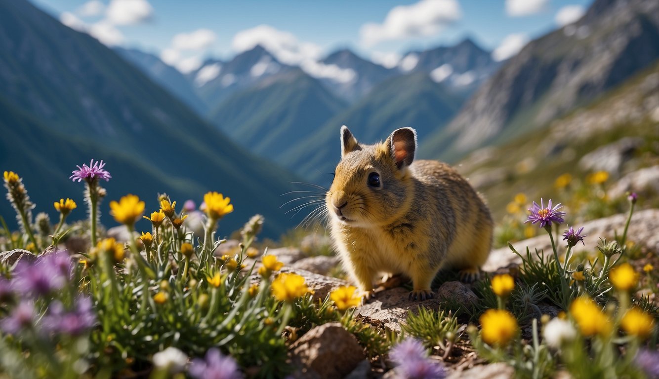 A pika scampers among alpine wildflowers with a backdrop of rugged peaks and a clear blue sky
