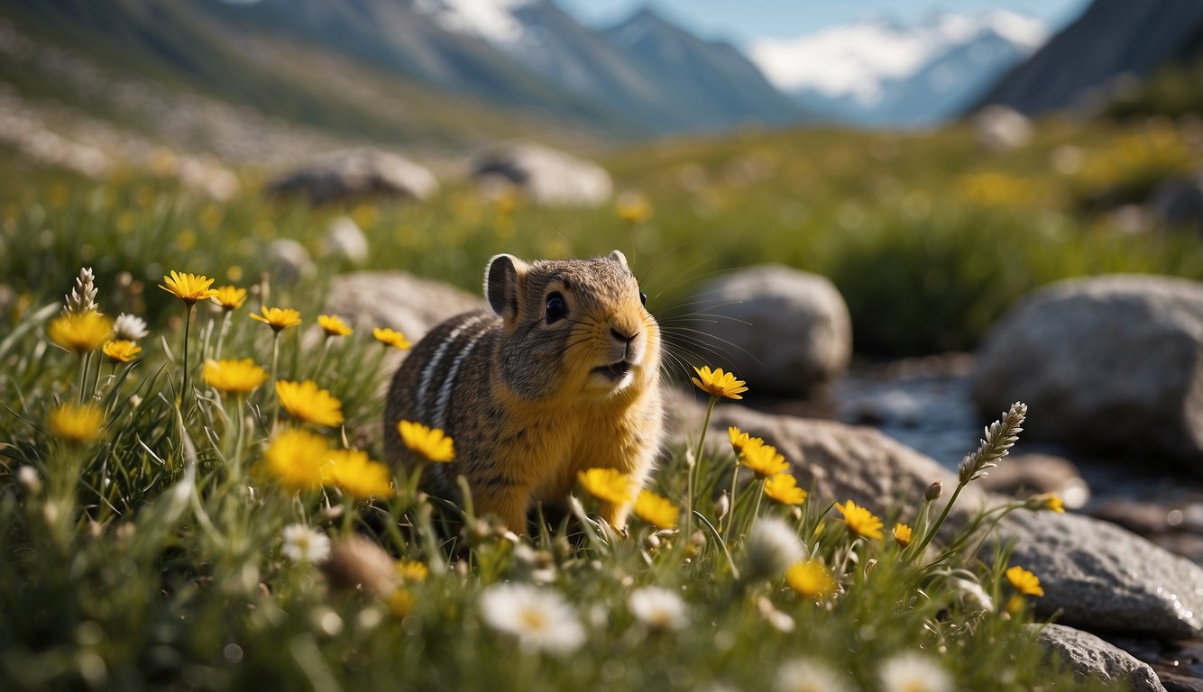 A pika scampers across a rocky alpine meadow, gathering wildflowers and grasses.

Snow-capped peaks loom in the background, while a mountain stream glistens nearby