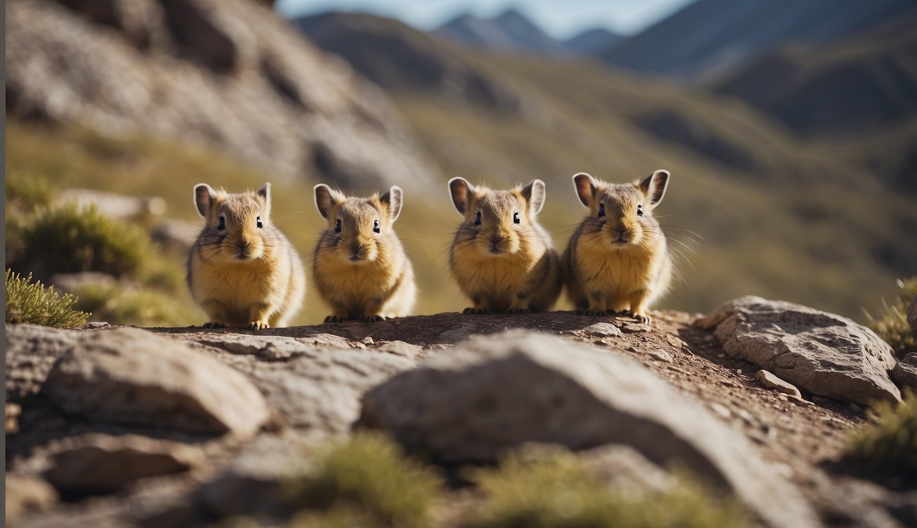 A group of pikas playfully hop and scamper among rocky mountain terrain, their furry bodies blending in with the rugged landscape