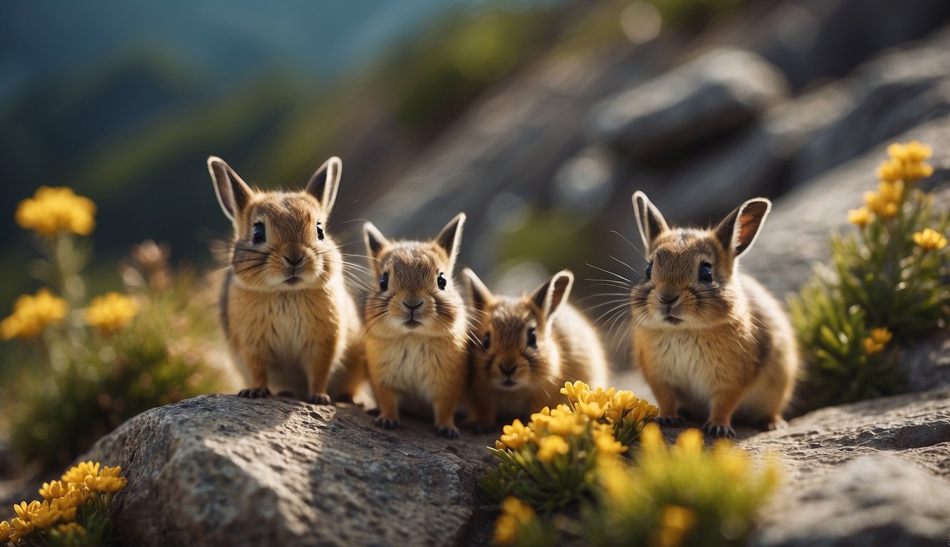 A group of playful pikas gather around a rocky mountain landscape, with miniature plants and flowers scattered throughout.

They interact with each other, showcasing their curious and energetic nature
