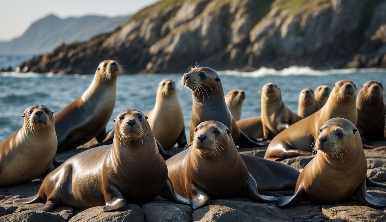 Stellar sea lions gather on rocky shores, barking and jostling for space.

Males compete for females, while pups play and nurse. The scene is filled with social interactions and reproductive behavior
