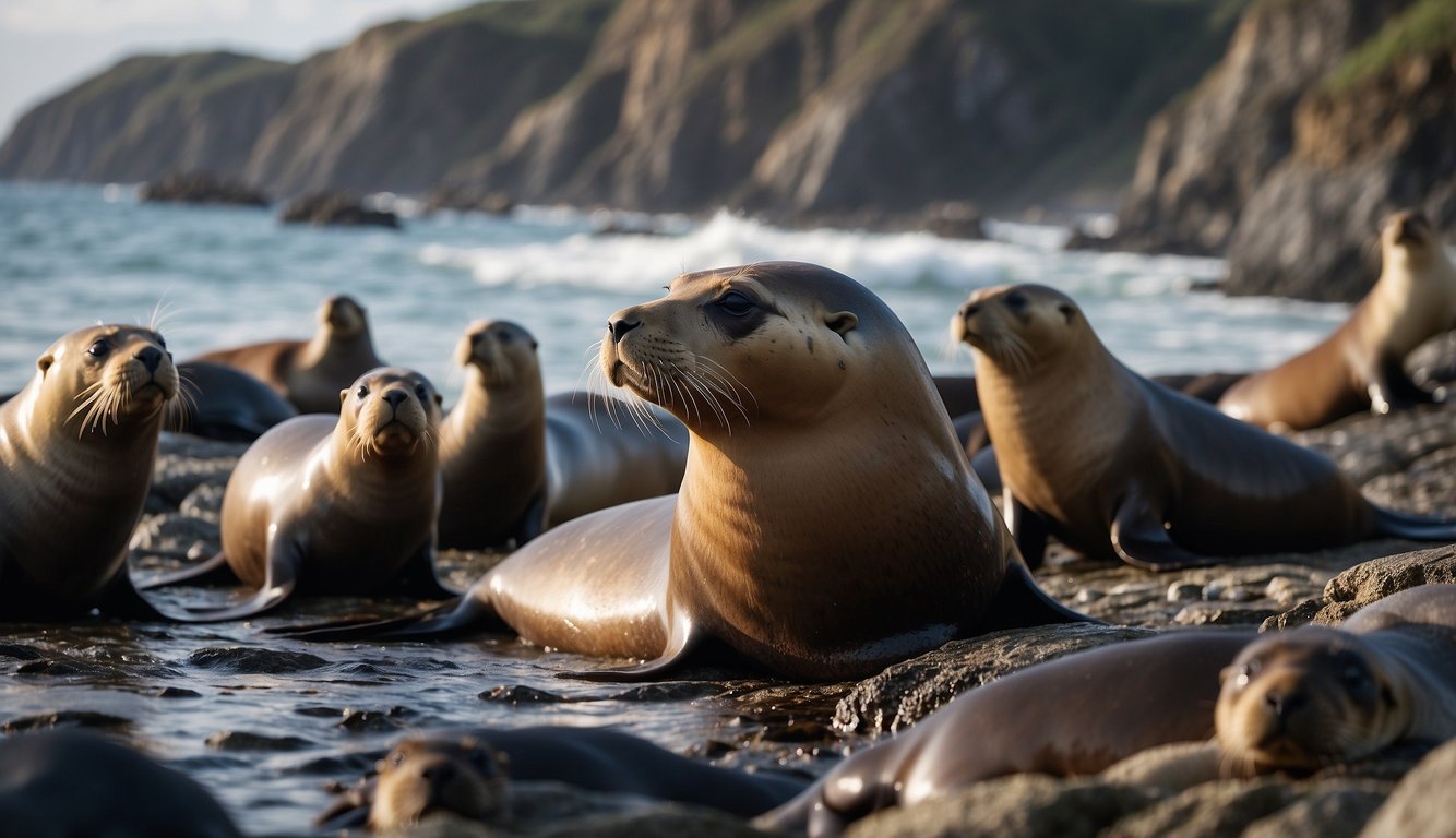 Stellar sea lions basking on rocky shore, surrounded by crashing waves and seagulls